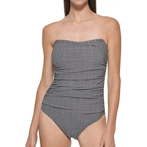 DKNY Maillot One Piece Bandeau Swimsuit Women XL Black White Diamond Print Beach - Picture 5 of 9